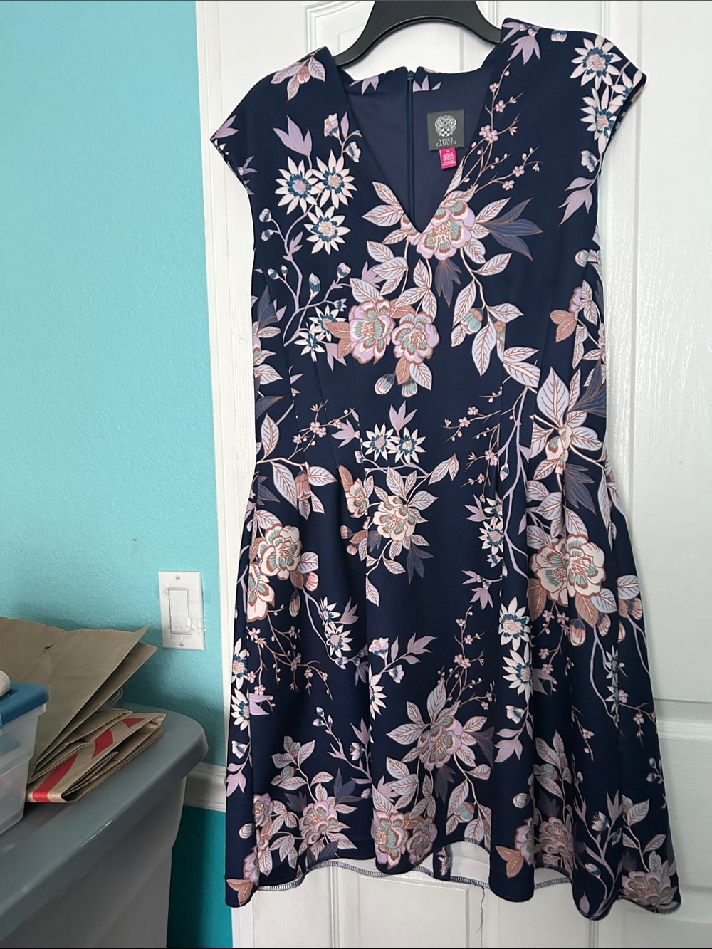 Vince Camuto Navy Midi Dress with Pink Floral Print
